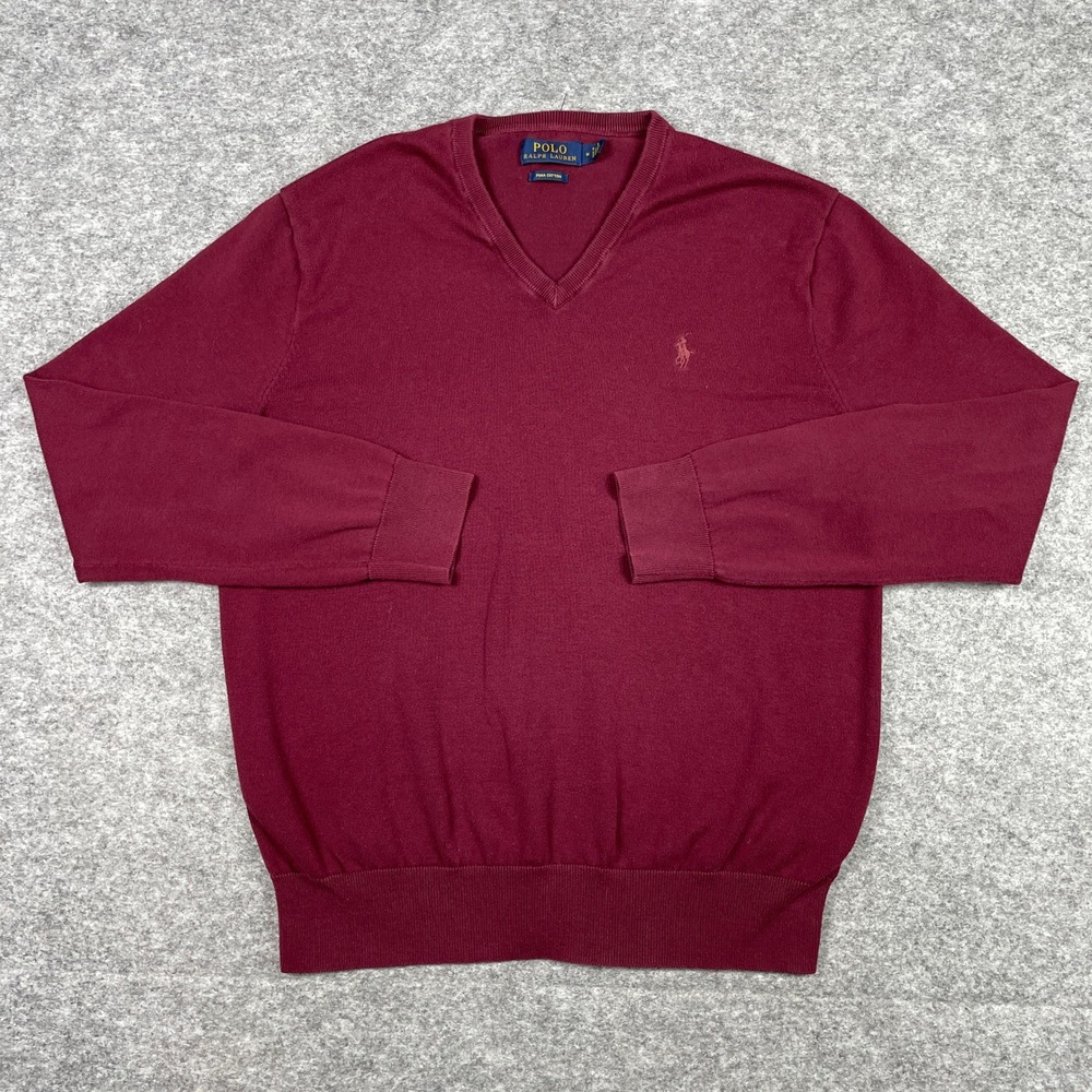 Polo Ralph Lauren Sweater Mens M Burgundy V-Neck Pima Cotton Long Sleeve Preppy
